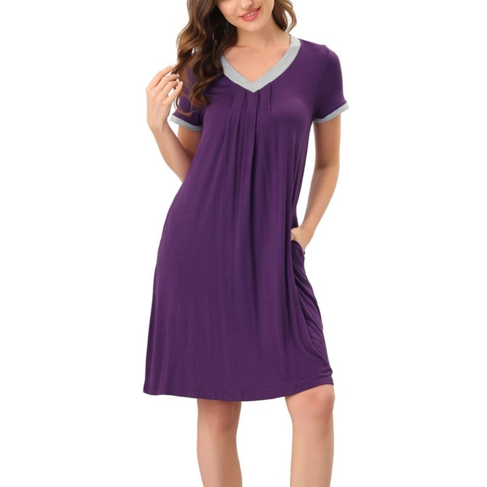 Womens Nightshirt Sleepwear Lounge Dress V-Neck with Pockets Pajama Purple